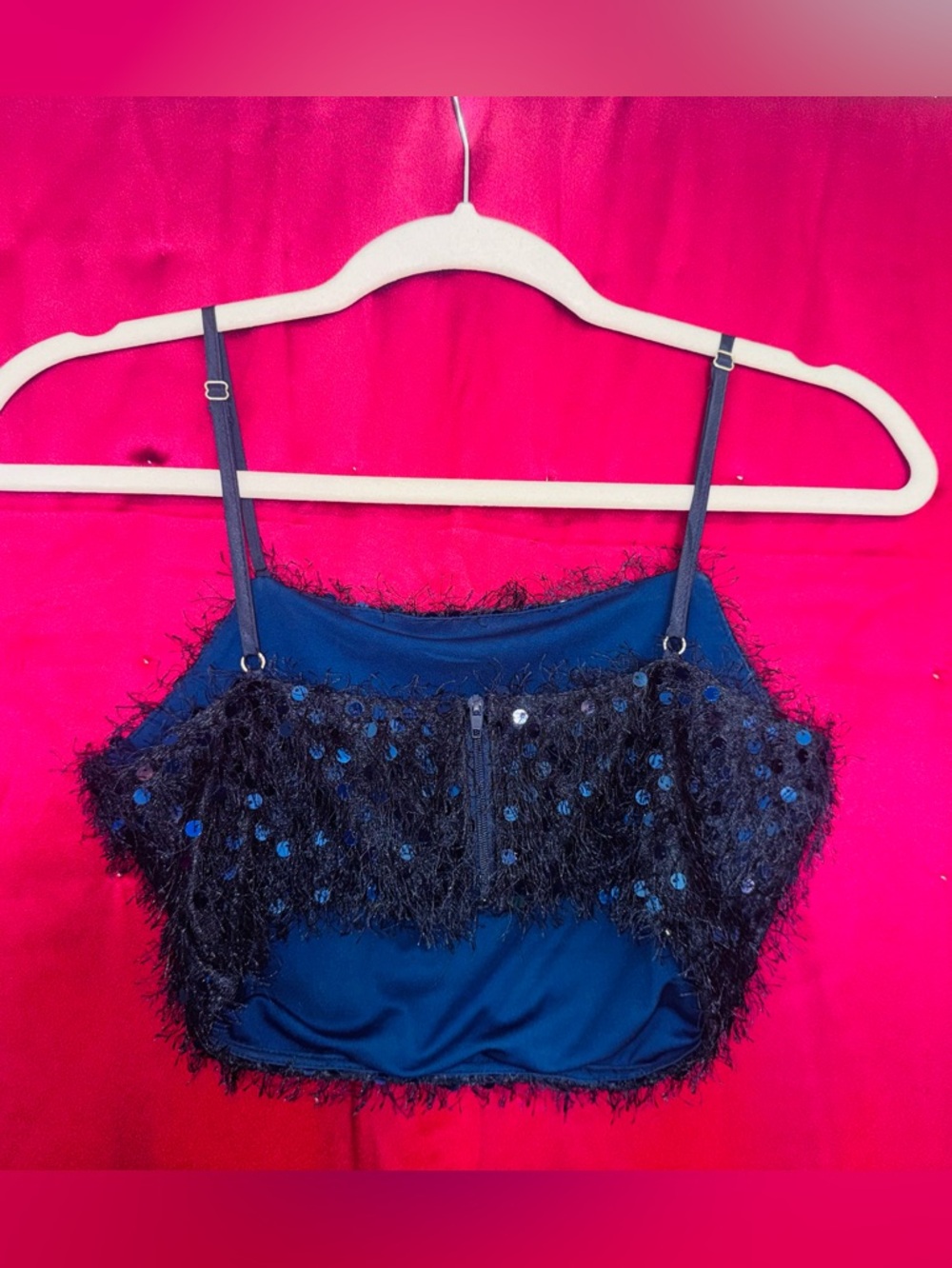 👑 Size Small Fashion Nova Navy Feather-Trim Sequin Crop Cami